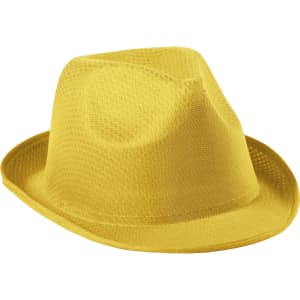 A yellow brimmed hat with a textured mesh design and a curved brim, featuring a logo on the side.