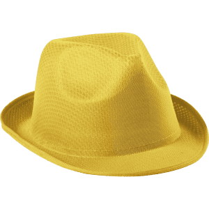 A yellow brimmed hat with a textured design and a logo. Ideal for stylish headwear.
