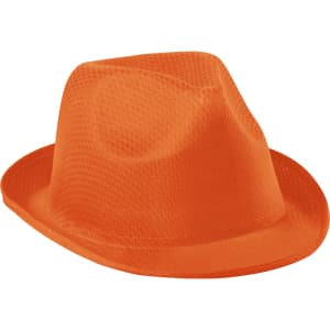 An orange mesh brim hat with a sleek design and a subtle logo. Perfect for casual headwear.