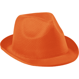 An orange brimmed hat with a mesh texture, featuring a rounded crown and a wide brim.