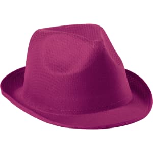 A pink brimmed hat with a textured surface and a classic hat shape, featuring a logo on the side.