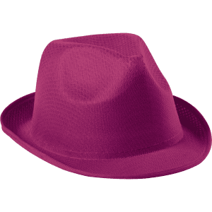 A pink brim hat with a structured crown and wide brim, featuring a logo on the inner band.