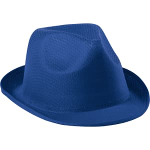 A blue hat with a rounded crown and a wide brim, featuring a textured pattern and a branding logo.
