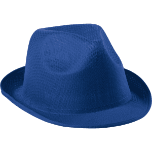 A blue brimmed hat with a textured surface and a curved shape. It features a logo on the side.