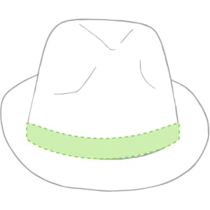 A white brimmed hat featuring a green band, with a simple design and a logo.