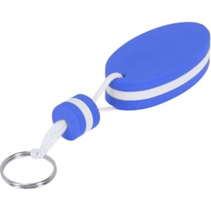 A blue keyring in an oval shape with white stripes and a silver keyring attachment.