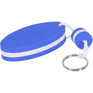 A blue keyring featuring an oval design with white stripes and a loop for attaching to keys.