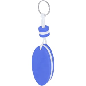 A blue keyring made of soft material with a rounded shape and a white accent. Features a metal keyring attachment.