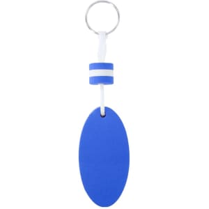 A blue keyring featuring an oval shape and a striped top section with a metal keyring attachment.