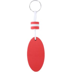 A red keyring with a circular connector and a white strap, featuring a branding logo.
