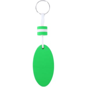 A green keyring with a circular design and a small striped bead at the top, attached to a metal ring.
