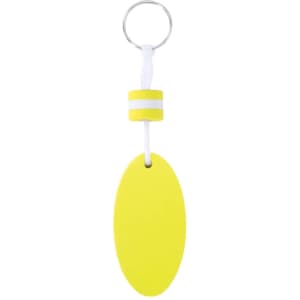 A yellow keyring with an oval shape and a small multicoloured bead on a white cord.