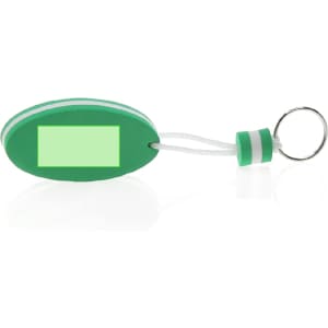 A green Soke Keyring in the shape of an oval, featuring a white stripe and a small loop for attachment.