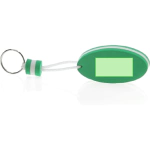 A green keyring featuring a sporty oval shape with a white stripe and a keyring attachment.