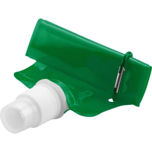 A drink bottle in vibrant green with a white spray nozzle and a silver clip. Features a branding logo.