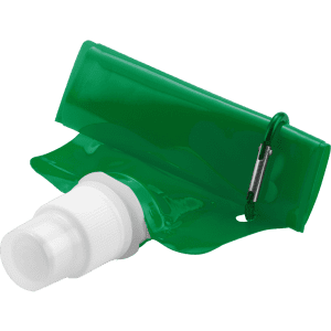 A drink bottle in bright green with a white screw-top lid and a metal clip attached.