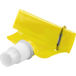A drink bottle in bright yellow with a white cap and a clip attachment, featuring a logo.
