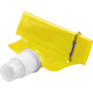 A drink bottle in bright yellow with a white nozzle and a clip attachment, featuring a logo.
