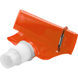 A drink bottle in vibrant orange with a white cap and a carabiner attached, featuring a sleek design.
