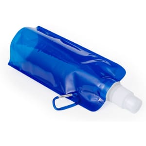 A drink bottle in a vibrant blue colour, featuring a flexible design and a white cap with a carry loop.