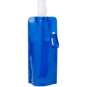 A blue drink bottle with a flexible design, featuring a nozzle and a small carabiner. It has a logo on the side.