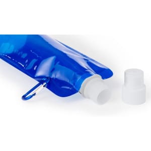 A drink bottle in a vibrant blue colour with a white cap, featuring a hook for attachment and a sleek design.