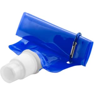 A blue drink bottle with a unique design and a clip attachment, featuring a white dispensing nozzle.