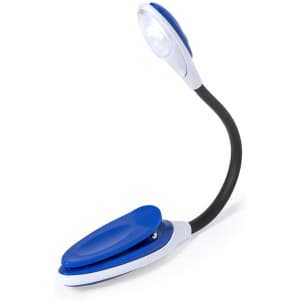 A flexible desk lamp with a blue and white design, featuring an adjustable neck and a built-in LED light.