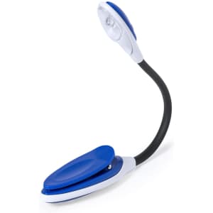 A flexible desk lamp with a blue top and a black neck, designed for convenient lighting. It features a branding logo.