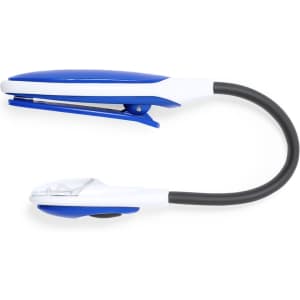 A blue and white Lektura Lamp with a flexible neck and clip attachment for various surfaces. It features a logo.