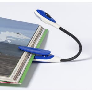 A blue and white desk lamp designed to clip onto books or surfaces, with a flexible neck for positioning.