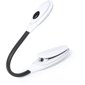 A flexible reading lamp in white and black, featuring a clip for attachment and a sleek design.