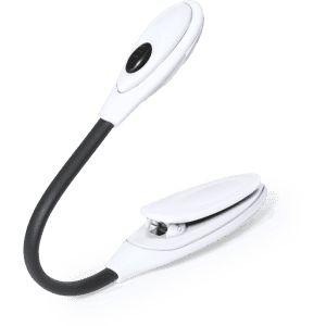 A flexible desk lamp in white and black, featuring a clip base for secure attachment. It has a sleek, modern design.