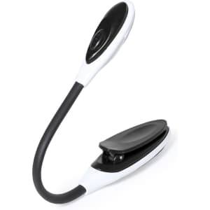 A clamp-style lamp with a flexible neck, featuring a black and white design. It has a logo on the base.