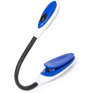 A flexible lamp with a blue and white design, featuring a clip base and a round light head.