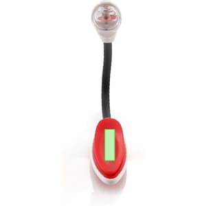 A red Lektura Lamp with a flexible black neck and a clear light at the top. It includes a logo on the base.