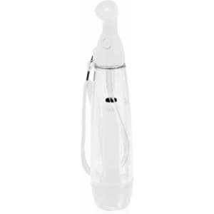 A clear vapouriser with a white nozzle and strap, featuring a sleek, modern design. It has a logo on the side.