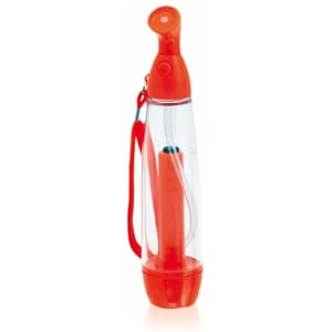 A clear drink bottle with red accents and a built-in straw, featuring a carrying strap and a logo.