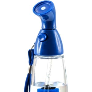 A blue vaporizer with a transparent body, featuring a nozzle and a strap for easy carrying.