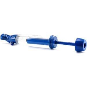 A blue vaporizer with a clear body and a matching cap, featuring a logo on the side.