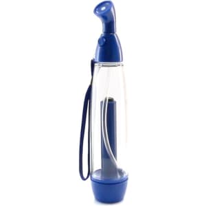 A blue vaporizer with a transparent body and a detachable strap, featuring a button on the top.