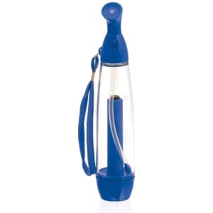 A blue vaporiser with a transparent body and a strap. It features a nozzle for easy use.