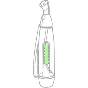 A transparent vaporizer with a green interior and a handle. It features a small logo on the body.