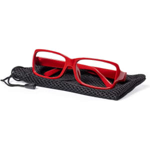 A pair of red no lens glasses resting on a black mesh pouch. The pouch features a drawstring.