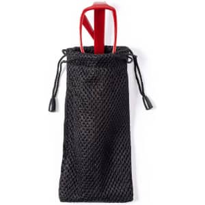 A pair of red glasses stored in a black mesh pouch with a drawstring closure.