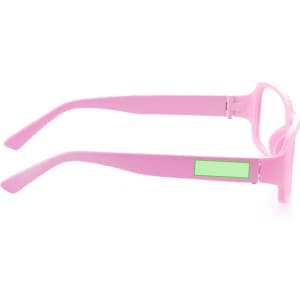 A pair of pink no lens glasses featuring a sleek design and a branded area on the side.