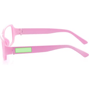A pair of pink glasses with a green label on the side, featuring a sleek design and no lenses.