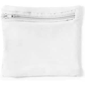 A white fabric pouch with a zip closure, featuring a smooth texture. It has a simple and minimalist design.