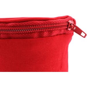 A red pouch with a zip closure, showcasing its textured fabric and stitching detail.