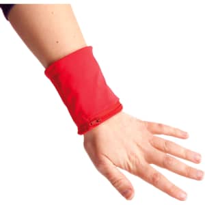 A red silicon wristband is displayed on a person's wrist, featuring a zippered design.